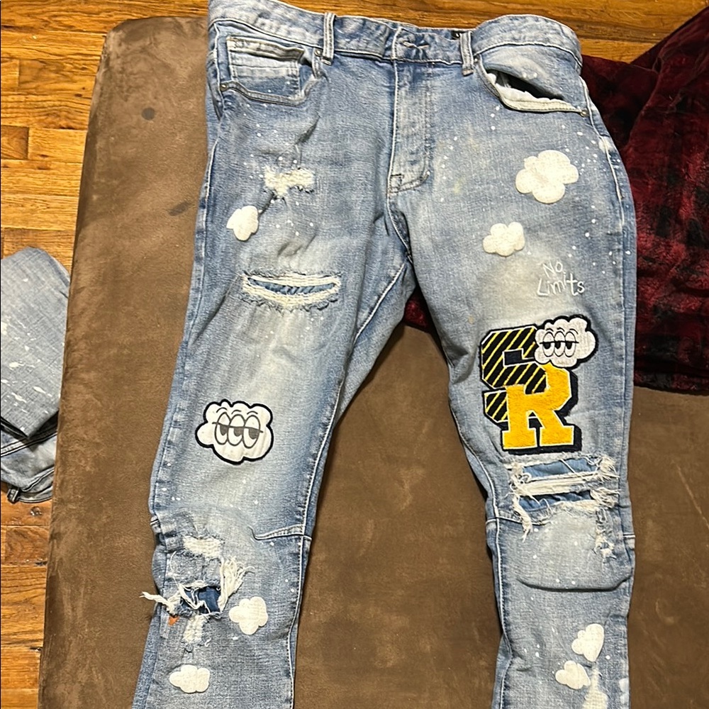 No Limits Blue Distressed Jeans with Cloud Accents
